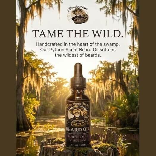 Fort Denaud Beard and Skin Python Scent beard oil sample in a 0.5oz amber dropper bottle set against a swamp background.
