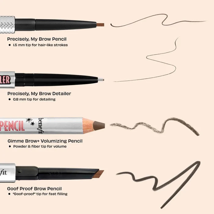 Benefit Precisely, My Brow Pencil waterproof eyebrow definer in various shades, shown in close-up with the pencil tip visible.