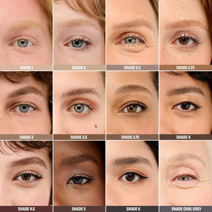 Benefit Cosmetics Precisely, My Brow Pencil waterproof eyebrow definer in various shades, shown in close-up with the product tip visible.