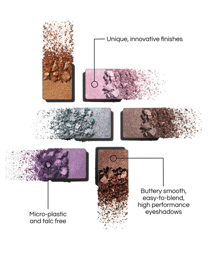 Eyeshadows from the Betty Eyeshadow Palette, with benefits written out: Micro-plastic and talc free. Unique, innovative finishes. Butter smooth, easy-to-blend, high performance eyeshadows.