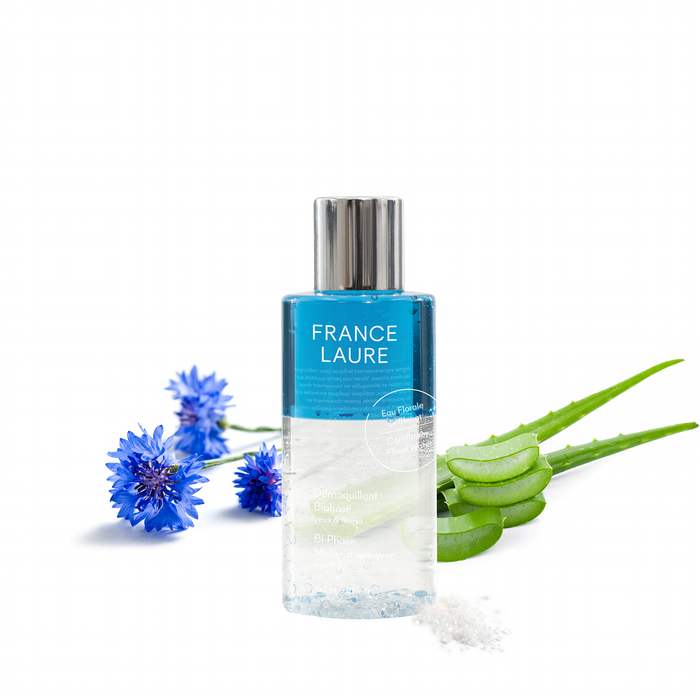 France Laure bi-phase eye & lip makeup remover with cornflower floral water, aloe vera, and gentle cleansing formula for sensitive skin