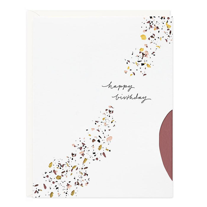 Birthday terrazzo greeting card with confetti speckles and 'happy birthday' text