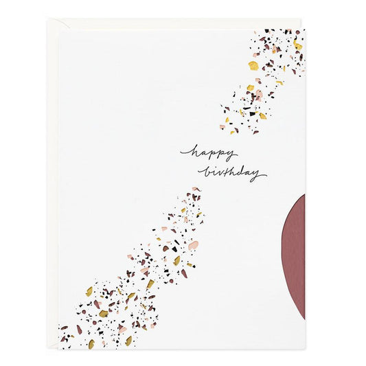 Birthday terrazzo greeting card with confetti speckles and 'happy birthday' text
