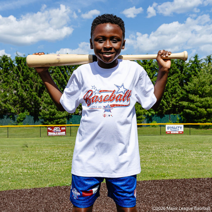 Youth model wearing Red, White & Blue youth graphic tee with "BL101 All-Star Game" design
