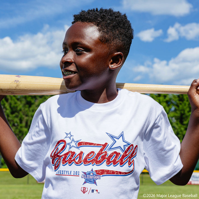 Youth model wearing Red, White & Blue youth graphic tee with "BL101 All-Star Game" design