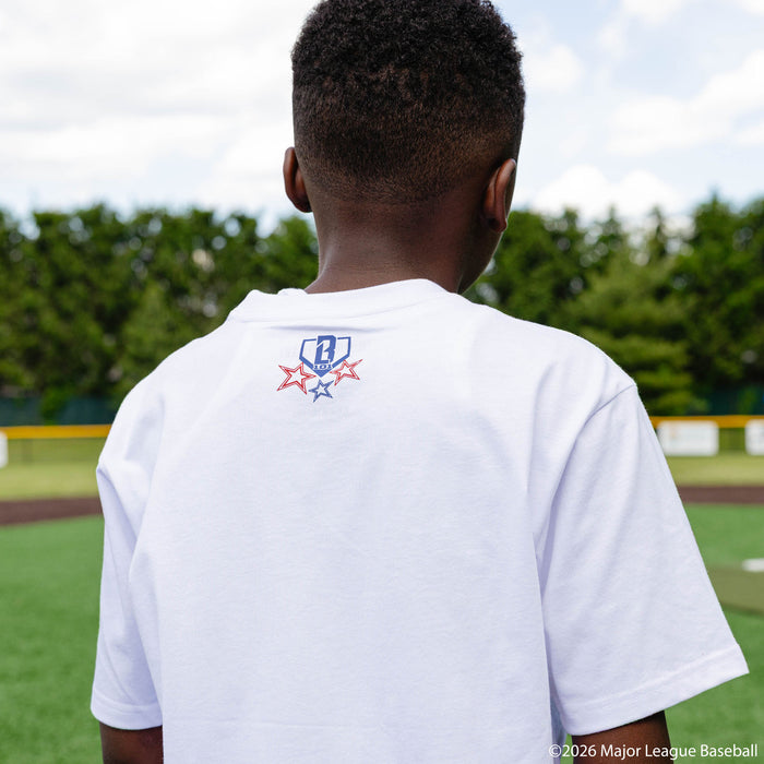 Youth model wearing Red, White & Blue youth graphic tee with "BL101 All-Star Game" design