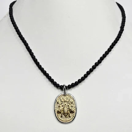 Black Onyx Beaded Necklace with Silver and Gold Honey Bee Pendant