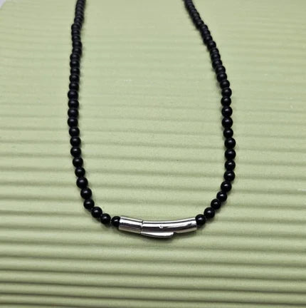 Black Onyx Beaded Necklace with Silver and Gold Honey Bee Pendant