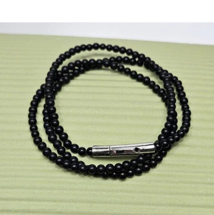 Black Onyx Beaded Necklace with Silver and Gold Honey Bee Pendant
