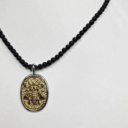 Black Onyx Beaded Necklace with Silver and Gold Honey Bee Pendant
