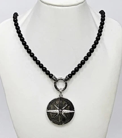 Black Onyx Beaded Necklace with Silver and Onyx North Star Pendant