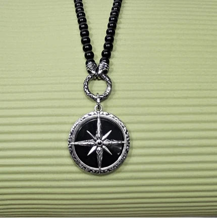 Black Onyx Beaded Necklace with Silver and Onyx North Star Pendant