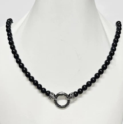 Black Onyx Beaded Necklace with Silver and Onyx North Star Pendant