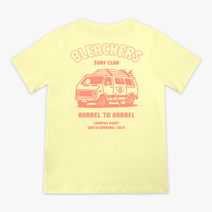 Yellow youth graphic tee with "Bleachers Surf Club" design — back view