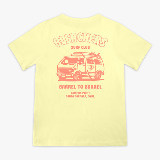 Yellow youth graphic tee with "Bleachers Surf Club" design — back view