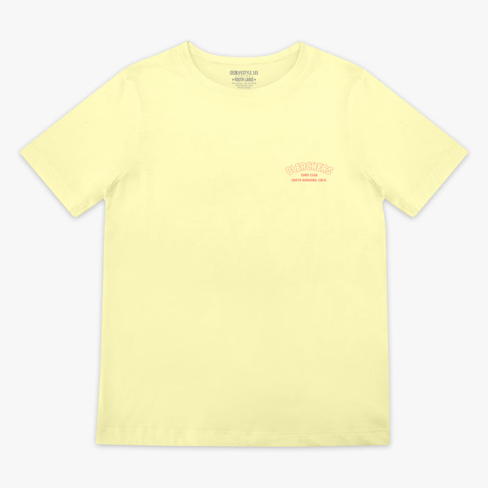 Yellow youth graphic tee with "Bleachers Surf Club" design — front view