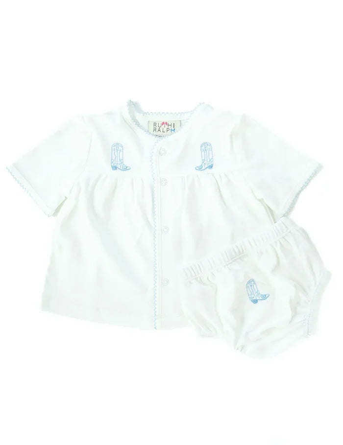 Hand embroidered blue cowboy boots layette set for your baby boy.