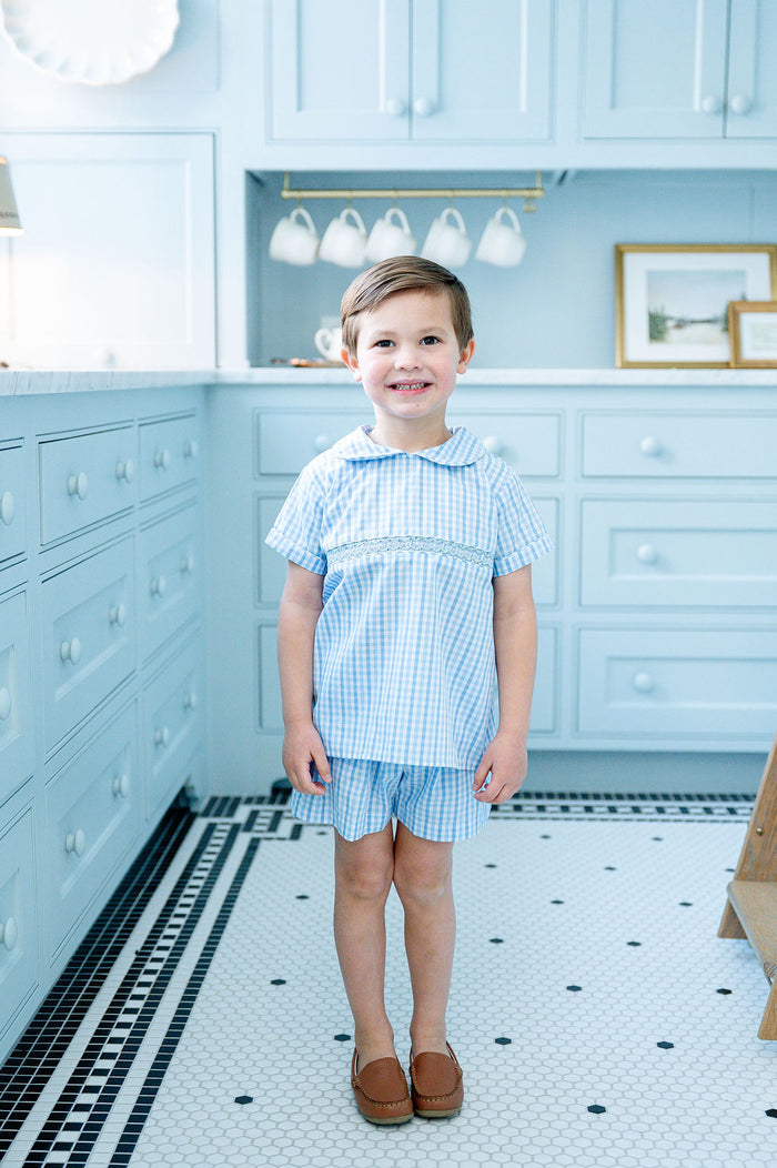 Blue Gingham Smocked Samuel Shirt/Shorts Set