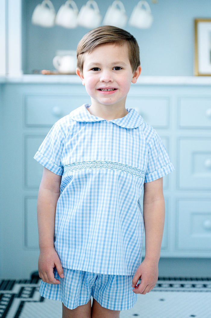Blue Gingham Smocked Samuel Shirt/Shorts Set
