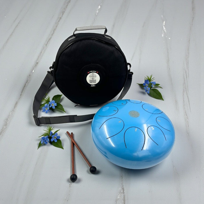 Blue Steel Tongue Drum - 12" on a light gray background