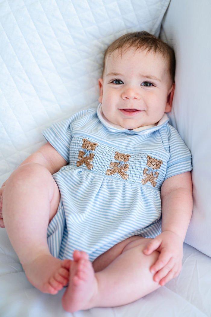 Blue Teddy Bears Smocked Pima Cotton Bubble