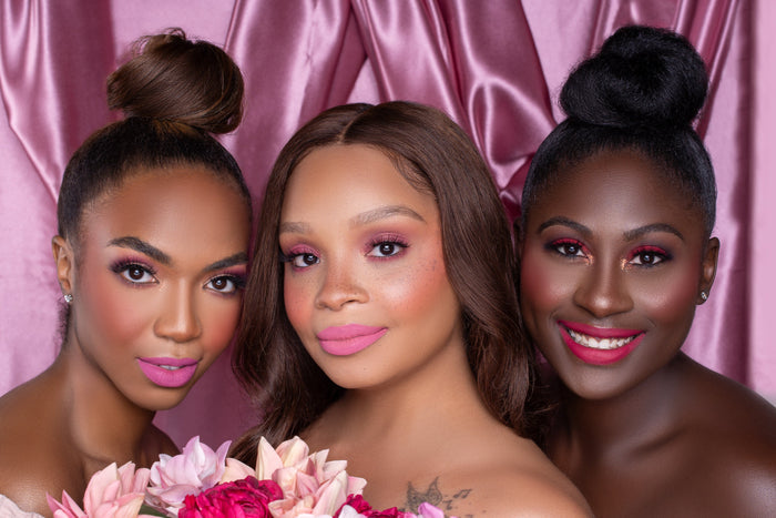 Close-up model shots of Pink Lipps Blushing’ On You Blush Palette pigmented velvet-matte and vibrant color payoff on melanin skin tones
