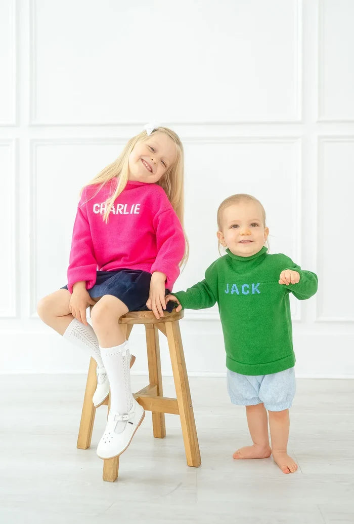 Pink and green personalized sweaters with name