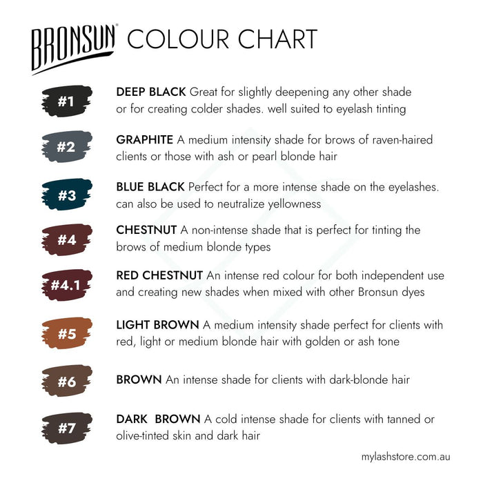 Bronsun Lash & Brow Home Trial Kit Colour Comparison Chart