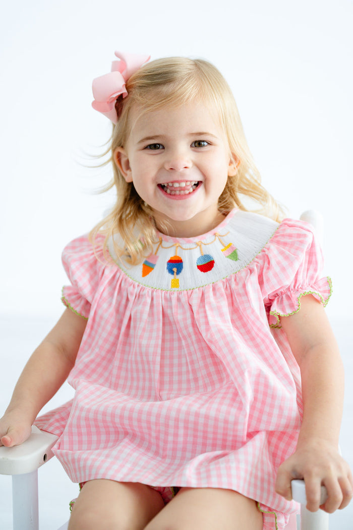 Baby & Toddler Girls Pink Check Hand-Smocked Colorful Buoys Neckline Bloomer Set with Diaper Cover – Summer Beach, Boating & Sailing Outfit – Sizes 3M–5