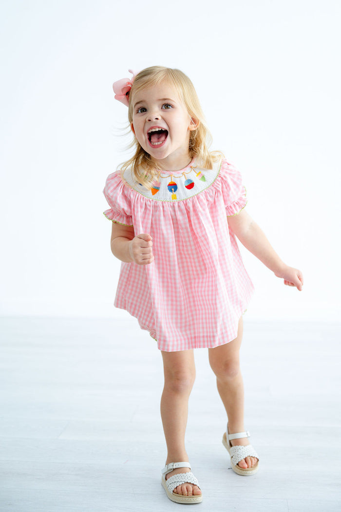 Girls Classic Smocked Buoys Two-Piece Bloomer Set – Soft Pink Check with Hand-Smocked Colorful Buoys & Matching Diaper Cover – Beach Days, Boating & Summer Outings – Sizes 3M–5