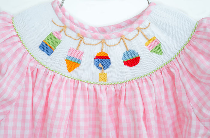 Girls Soft Pink Check Hand-Smocked Colorful Buoys Bloomer Set & Diaper Cover – Sibling Matching Summer Beach, Boating & Picture-Perfect Family Photo Outfit – Sizes 3M–5