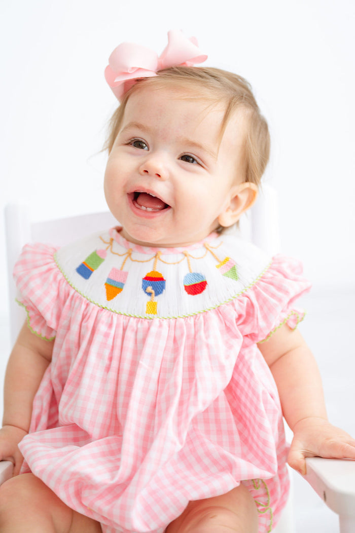 Newborn & Toddler Girls Pink Check Hand-Smocked Colorful Buoys Neckline Bubble – Summer Beach, Boating & Sailing Outfit – Sizes NB–2T