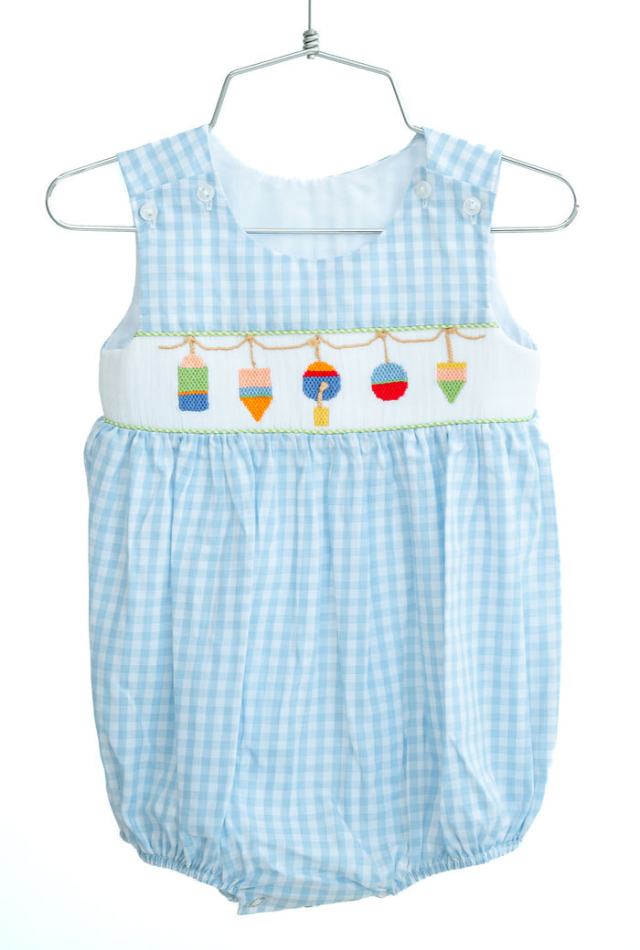 Newborn to Toddler Boys Heirloom-Inspired Blue Check Cotton Blend Smocked Buoys Bubble – Summer Outings, Boating Adventures & Warm Weather Play – Sizes NB–3T