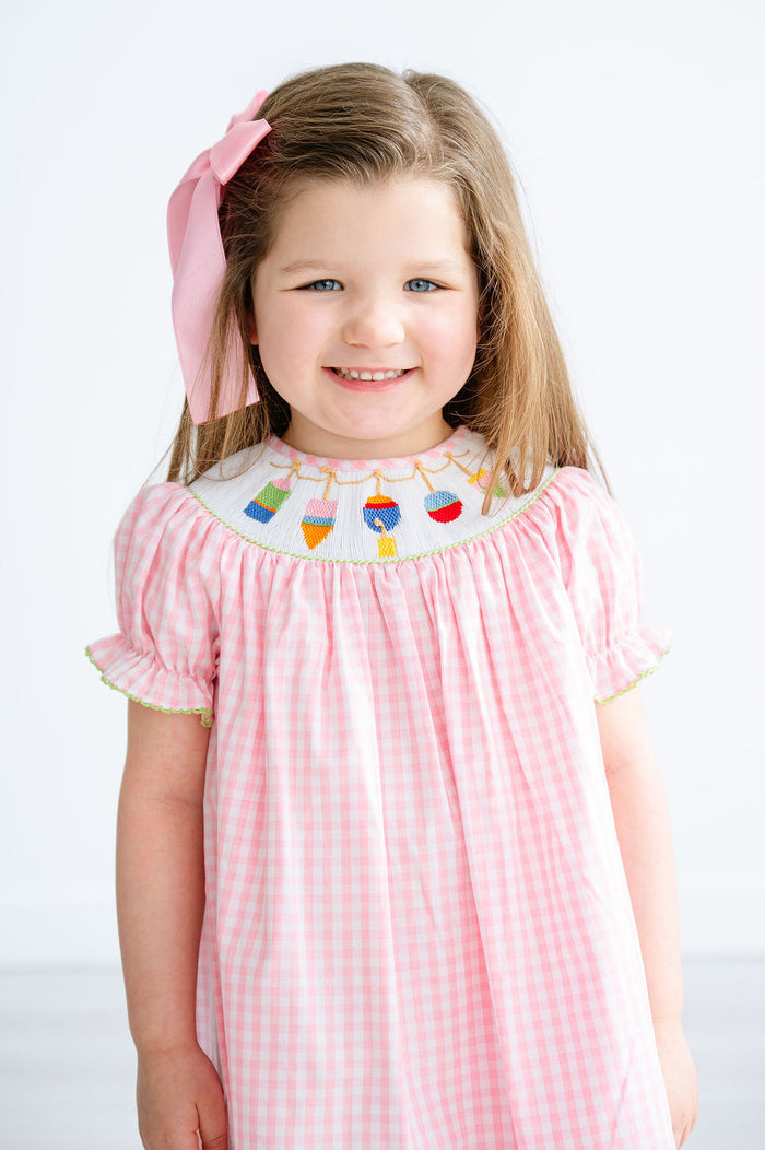 Toddler & Girls Pink Check Hand-Smocked Colorful Buoys Neckline Dress – Summer Beach, Lake & Boating Outfit – Sizes 12M–8