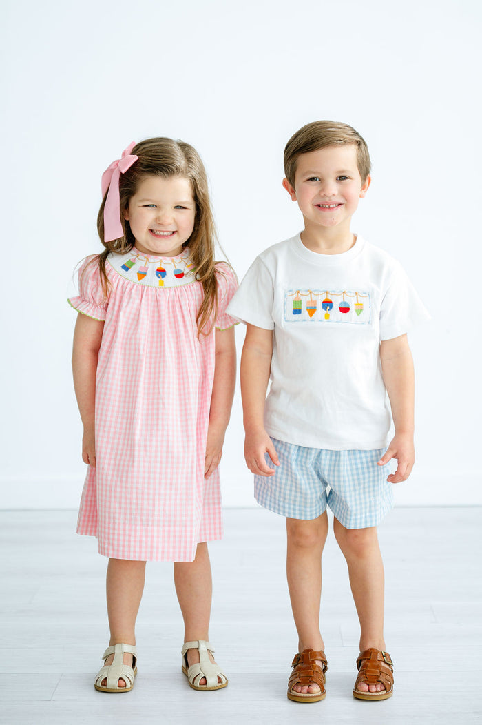 Girls Classic Heirloom Smocked Buoys Dress – Soft Pink Check with Hand-Smocked Colorful Buoys Neckline – Beach Days, Lake Trips & Family Gatherings – Sizes 12M–8