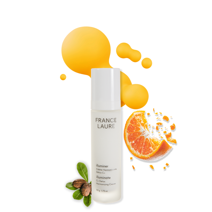 France Laure Illuminate C+ Detox Harmonizing Cream with orange slice and botanicals, brightening skincare for all skin types