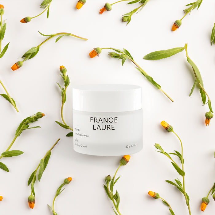 France Laure Calm Repairing Cream in white jar surrounded by fresh calendula flowers and green stems on clean white background