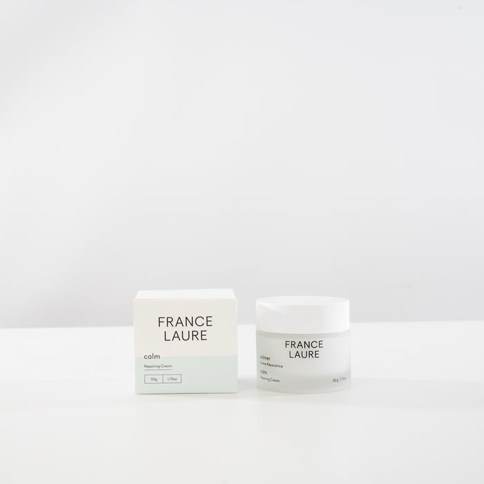 France Laure Calm Repairing Cream 50g jar and box, minimalist white packaging for sensitive skin care