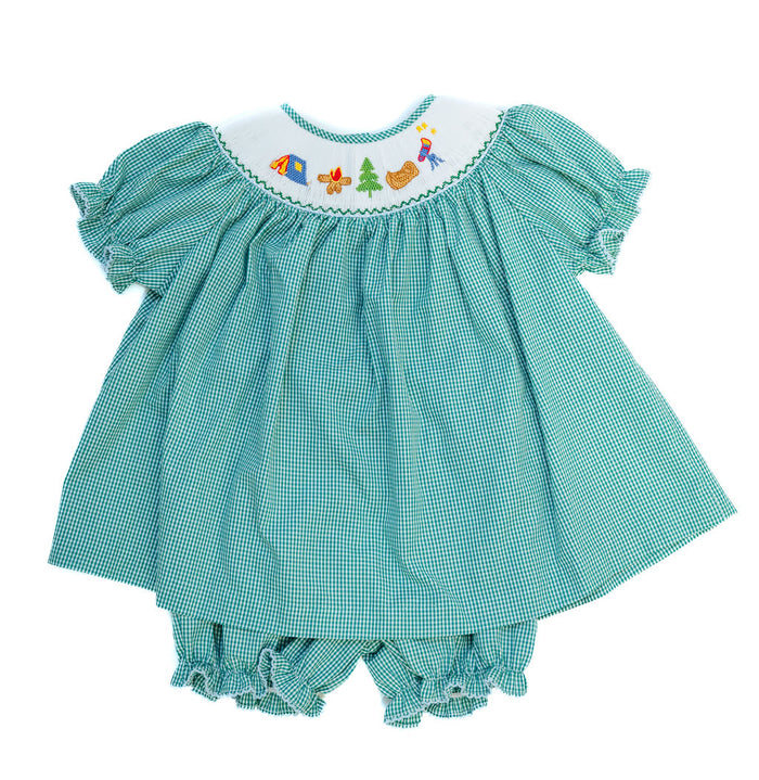 Close-up of teal gingham Bloomer set, featuring tent, campfire, tree, and canoe