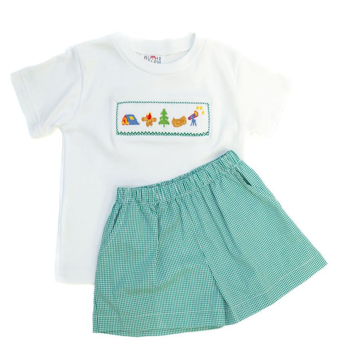Camping Smocked Beau T-Shirt and Shorts Set, flat lay showing green gingham shorts and smocked camping embroidery on white tee