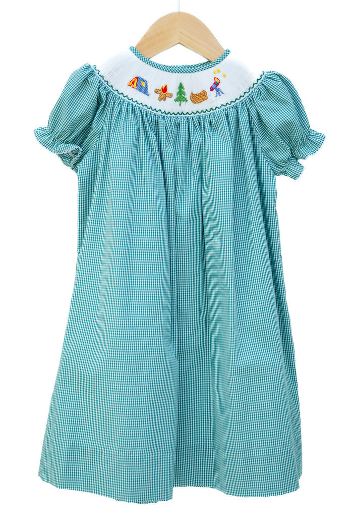 Smocked Camping Dress by Ruth and Ralph, teal gingham with bishop collar, on hanger