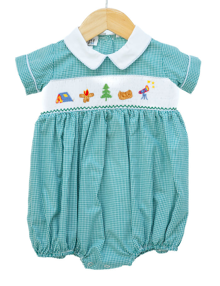 Smocked Camping Bubble for Boys by Ruth and Ralph, teal gingham with peter pan collar and smocked camping embroidery, on hanger