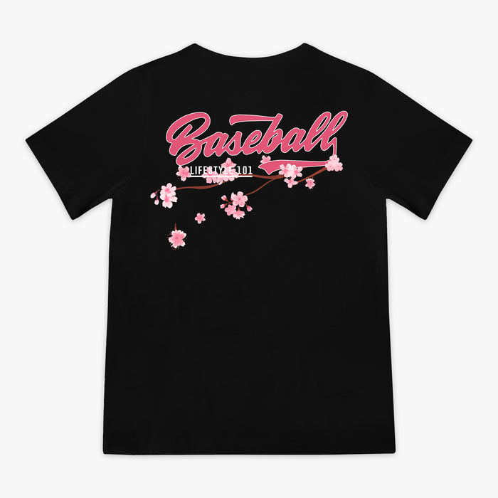 Back of black BL101 tee with pink "Baseball" script and cherry blossom branch graphic, flat lay view