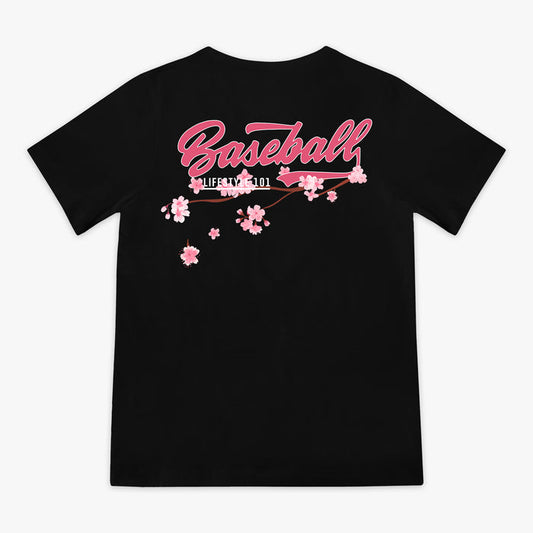 Back of black BL101 tee with pink "Baseball" script and cherry blossom branch graphic, flat lay view