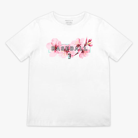 White BL101 tee with a pink cherry blossom graphic and "Baseball" block lettering on the chest, flat lay front view