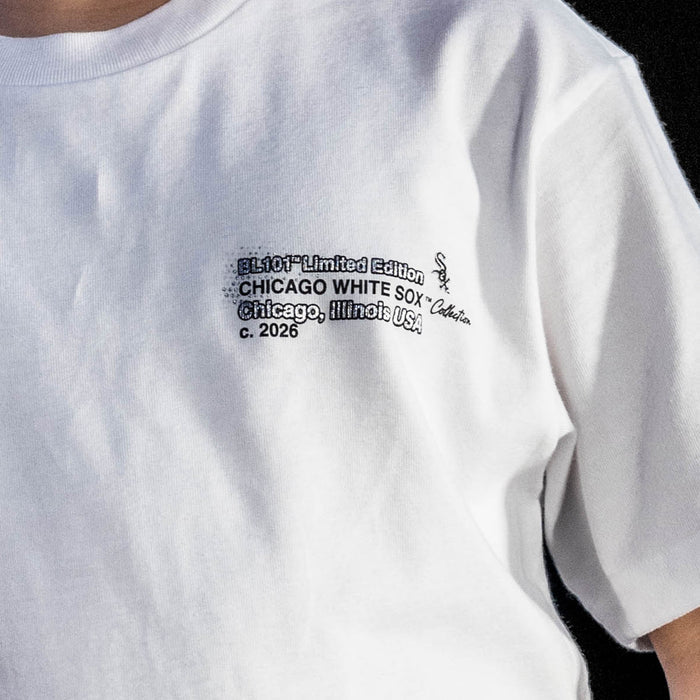 Youth model wearing white youth graphic tee with "Chicago White Sox Drip" design
