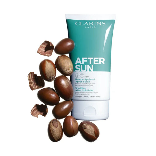 Clarins Sun Balm Face & Body 150ml with SPF, natural beige, smooth texture, and sun protection for face and body.