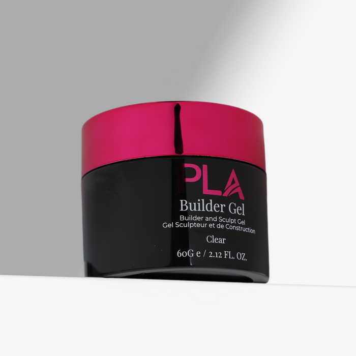 Jar of PLA Builder Gel with pink and black design on a white background