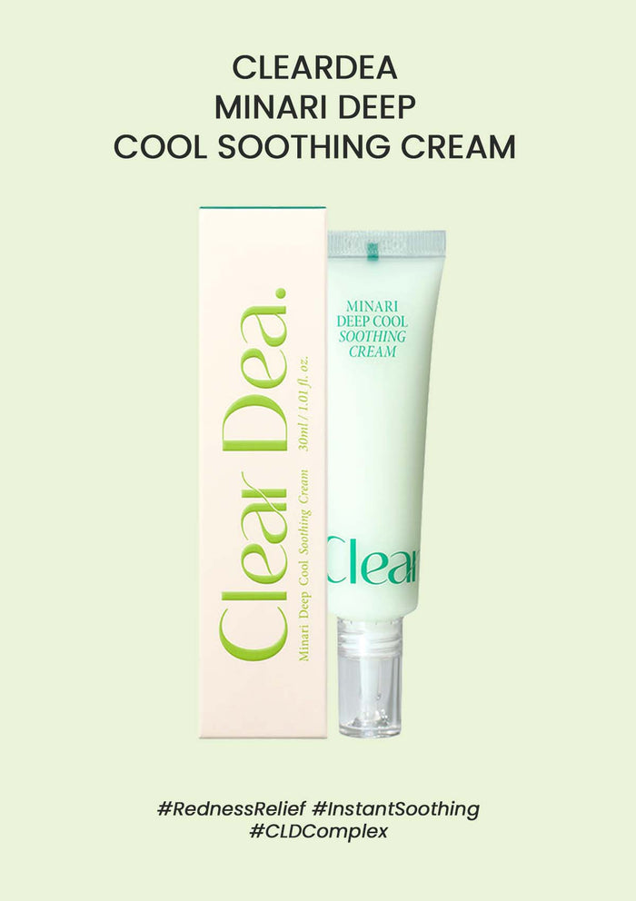 Clear Dea Minari Deep Cool Soothing Cream with packaging on a light green background