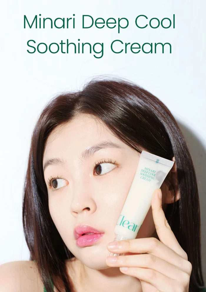 A woman holds a tube of Minari Deep Cool Soothing Cream next to her face against a plain white background, with the product name displayed at the top in teal text.